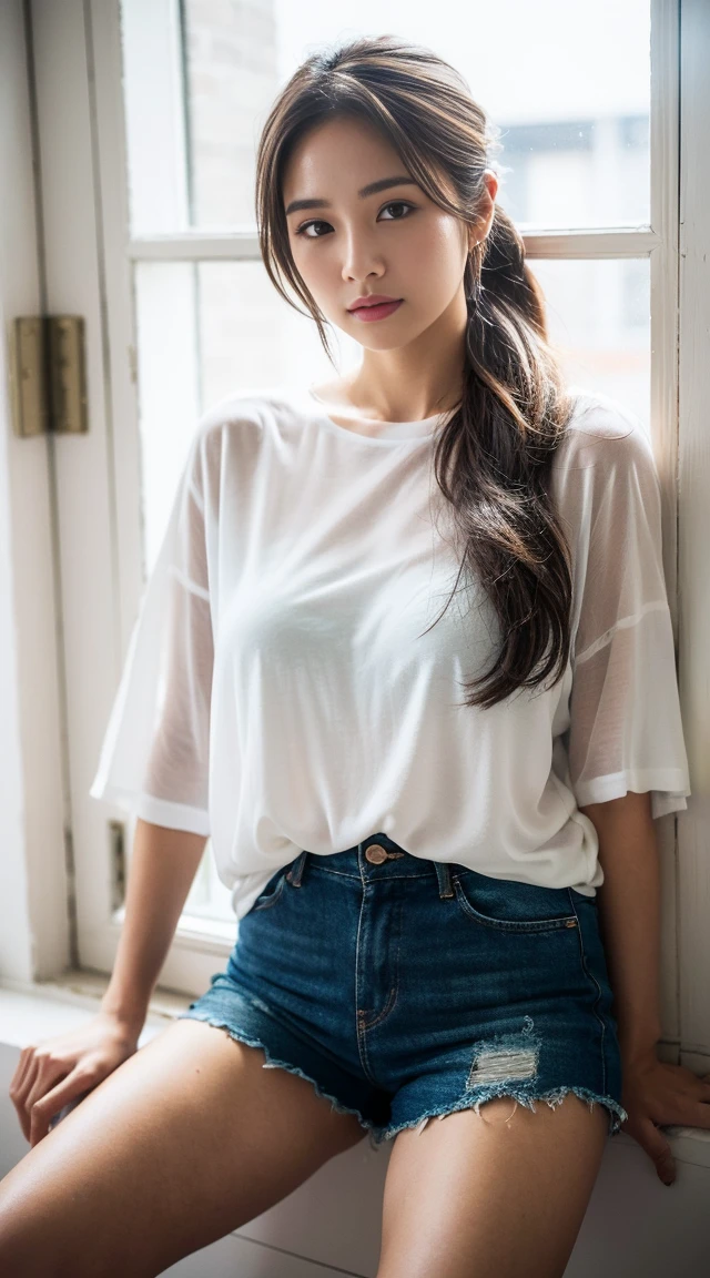 Dark brown hair、Light brown eyes、Japanese actress、 Lady、I am about 40 years old........、(Intricate details:1.2)、 (Ultra-high resolution:1.2)、Ultra-high resolution、(Fine-tune)、(Detailed facial features)、Hmph、8k resolution、D cup size breasts、Long Hair、Bright terrace room with sunlight streaming in、Large windows、Extravagant space、relax、、,Full body photo、Head to toe shot、Beautiful legs、black Loose fit openwork T-shirt、Underwear shorts、Beautiful legs、Bright terrace room with sunlight streaming in、she, household items, (plant:0.8), Fashion Hub, Very detailed, Very detailed, Realistic, Hourglass Shaped Body, Obscene pose,、Messy Hair、Messy ponytail、Leaning against a wall、I cry a lot、tears、Skin is visible through the knit、White floor、White wall、A masterpiece of transparent painting、