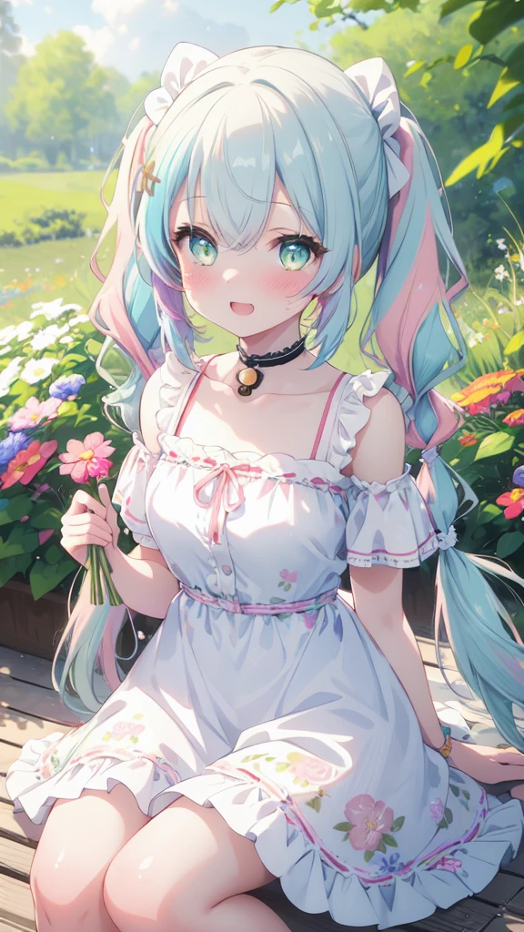 (8K, best quality, master piece: 1.2),super high resolution,1 girl, solo, full body ,ultra-detailed face, blush, Rainbow hair, (Pigtails:1.3), thin hair clip, cyan colorshift eyes, expressive eyes, collarbone, Ecstatic expression, flowy sundress with a floral pattern in pastel colors,above her knees, park, flowers and greenery