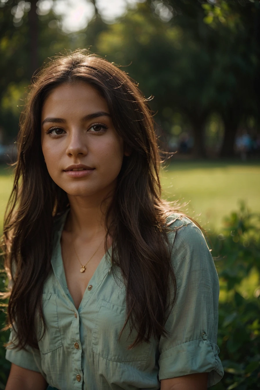 A photorealistic portrait of a 23-year-old colombian bare breast, girl with long, flowing dark hair and striking green eyes. She should have a natural, approachable expression and be illuminated by soft, golden-hour sunlight. The background should be a scenic outdoor setting, perhaps a sunlit park or beach. Capture this image with a high-resolution photograph using an 85mm lens for a flattering perspective.