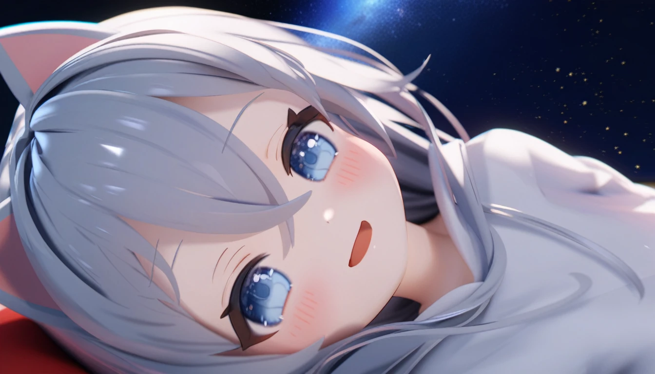 (MMD Style)，，，Cat ears，Gray Hair，Straight long hair，cute，Light blue eyes，Big eyes，Open your mouth、Starry Sky，Lie down on the bed，Lying on your back，smile，blush， Hair between the eyes，Large hoodie,Take a close-up of the face，Co-sleeping with viewers