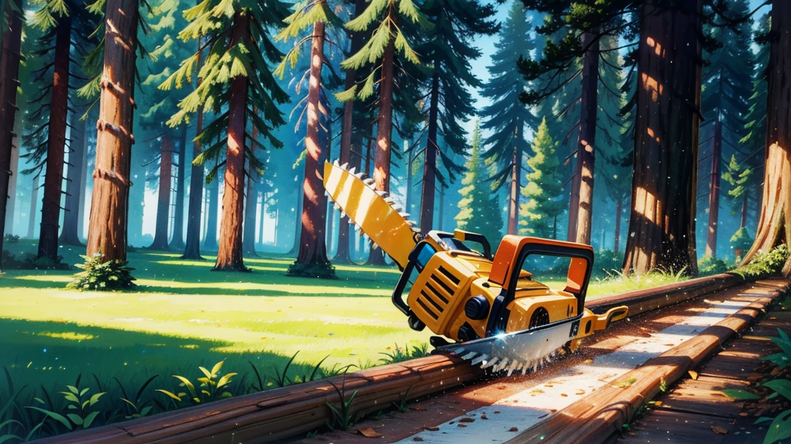 "A colorful, 3D Disney-style illustration of a man using a chainsaw to cut down a tree in a cheerful forest setting. The character is gripping the chainsaw with both hands, focused on cutting through the tree trunk. The background features bright, stylized trees and a whimsical, vibrant atmosphere reminiscent of classic Disney animation."