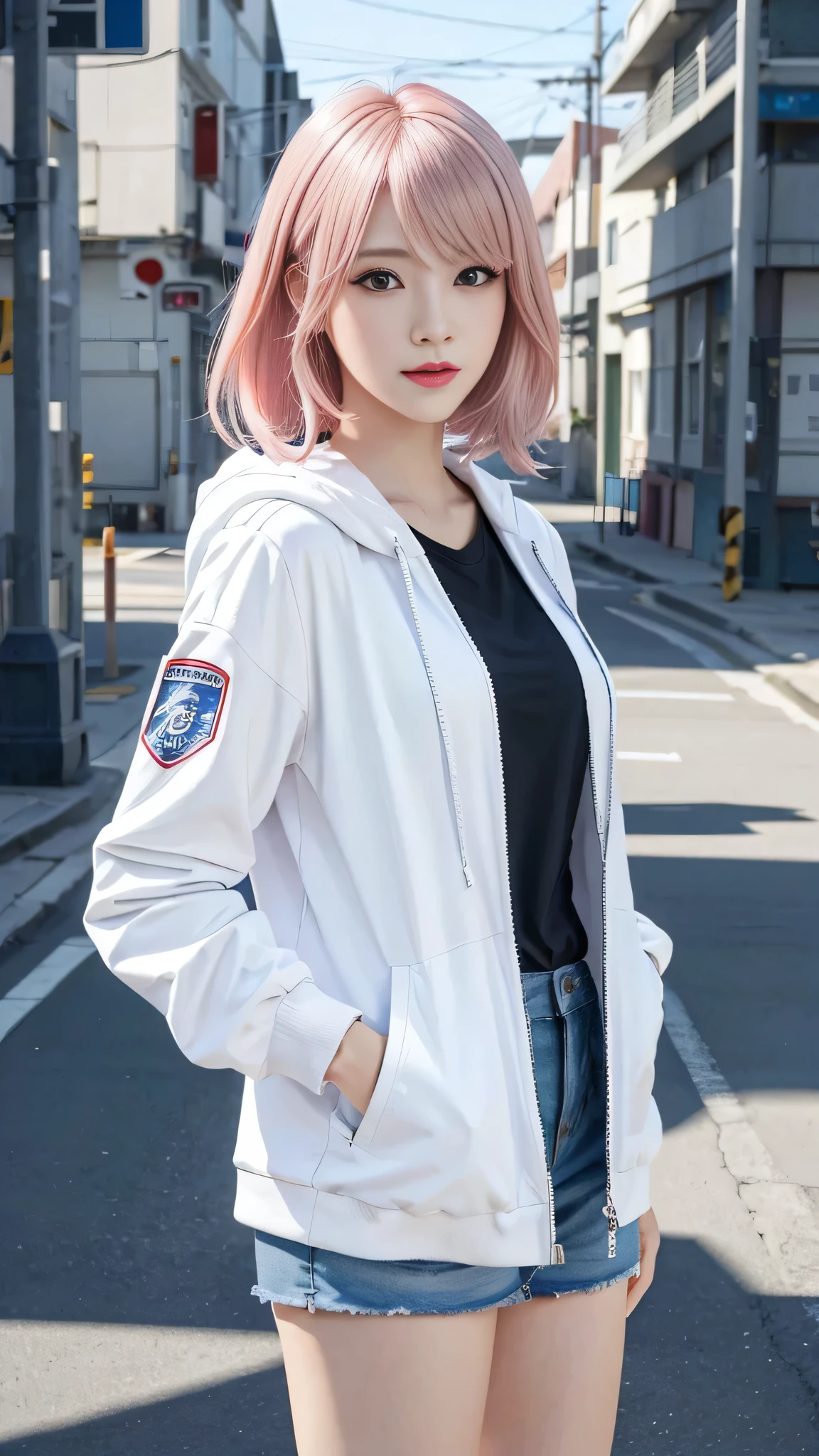A woman with pink hair and a white jacket,White miniskirt anime realism style, Unreal 5. RPG Portrait, cgsociety portrait, Realistic art style, Smooth anime CG art, Photorealistic Anime Girl Rendering, Realistic anime 3D style, Loss Draw 1. 0, Realistic 3D animation, ArtJam ; 3d unreal engine, Realistic anime art style,The background is the city,