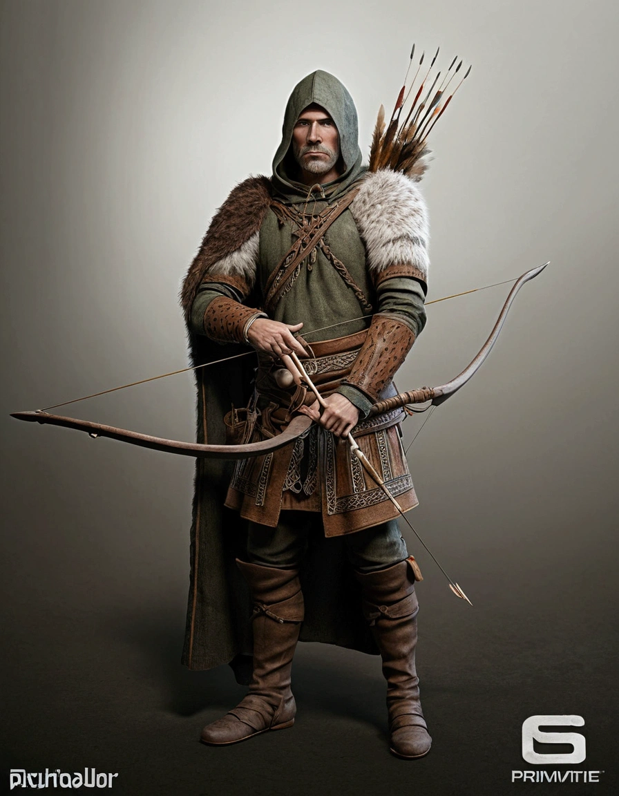 primitive celtic archer wearing animal skin and trousers: ultra realistic and detailed