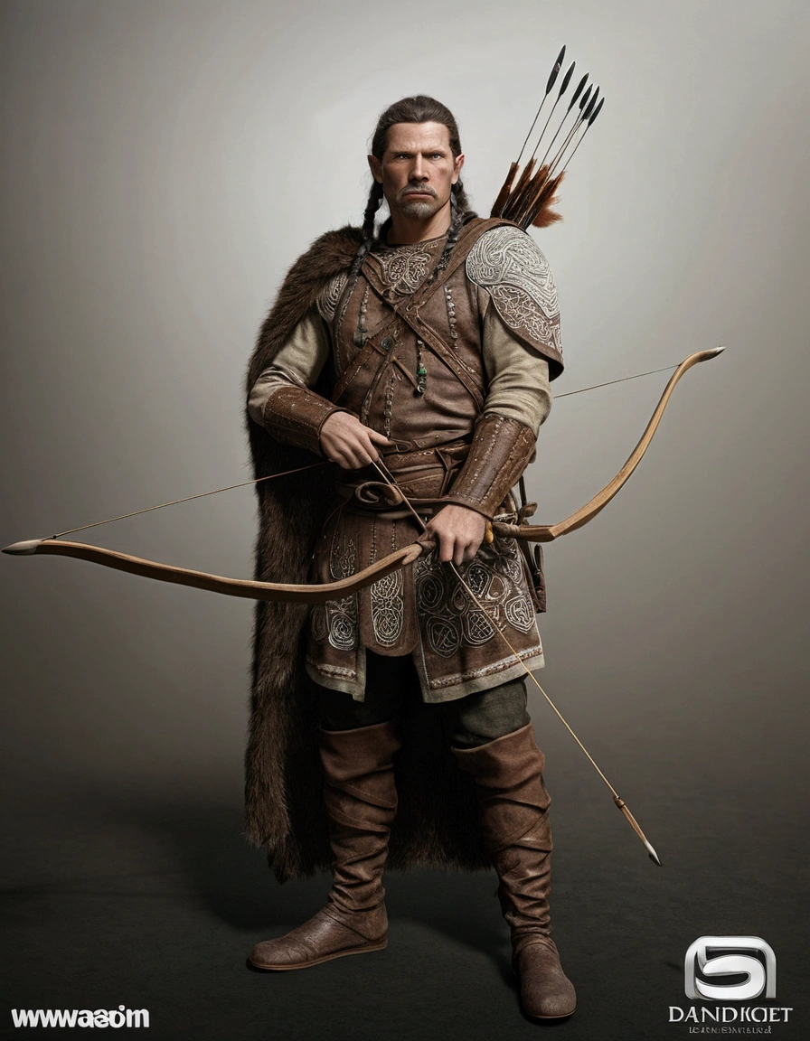 primitive celtic archer wearing animal skin and trousers: ultra realistic and detailed