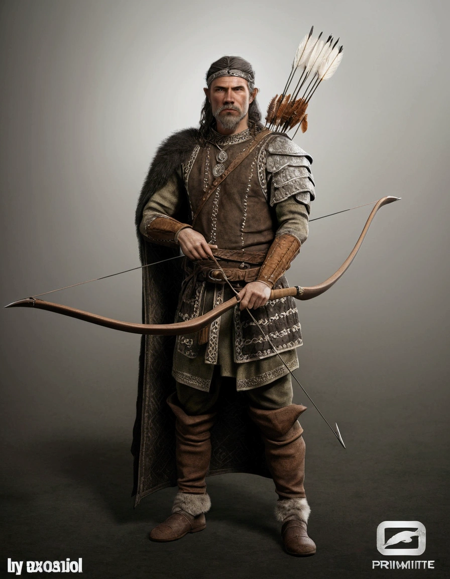 primitive celtic archer wearing animal skin and trousers: ultra realistic and detailed