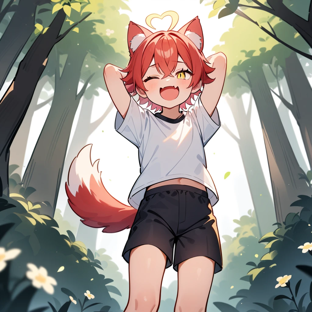 (masterpiece:1.2,high quality),4K,High resolution,A seven-year-old boy,cute boy, light red hair,short hair,crossed bangs,light yellow eyes,slit pupils,one eye closed,heart ahoge,yellow halo,cat ears,laughing,skin fang,Wearing a white shirt,Black shorts,Stand in the forest,There are flowering trees on both sides.,primary school student,thigh,alone,dog tail,Put your hands behind your head,(Put your hands behind your head)