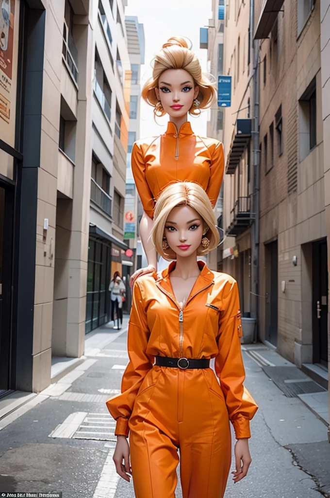 striking, A thought-provoking image (Barbie:1.2), Iconic Doll, Wearing an orange jumpsuit, Standing in the courtyard of the women&#39;s prison. Prison walls surrounded by barbed wire and watchtowers, Casting shadows in the yard. Barbie, With iconic blonde hair and blue eyes, Appear determined and resilient in new situations. The background shows a vast, Magnificent prison building, Highlighting the harsh realities of incarceration.