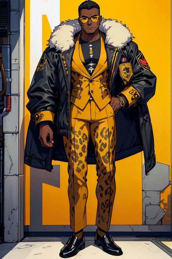 (masterpiece, best quality, high resolution, 1 big muscular man, ((dark skin)) no hair, cyberpunk style glasses, cyberpunk style yellow leopard print suit, dress shoes yellow, long white fur coat, superb posture(white background, stickers. Redmond), ((full body standing)),

