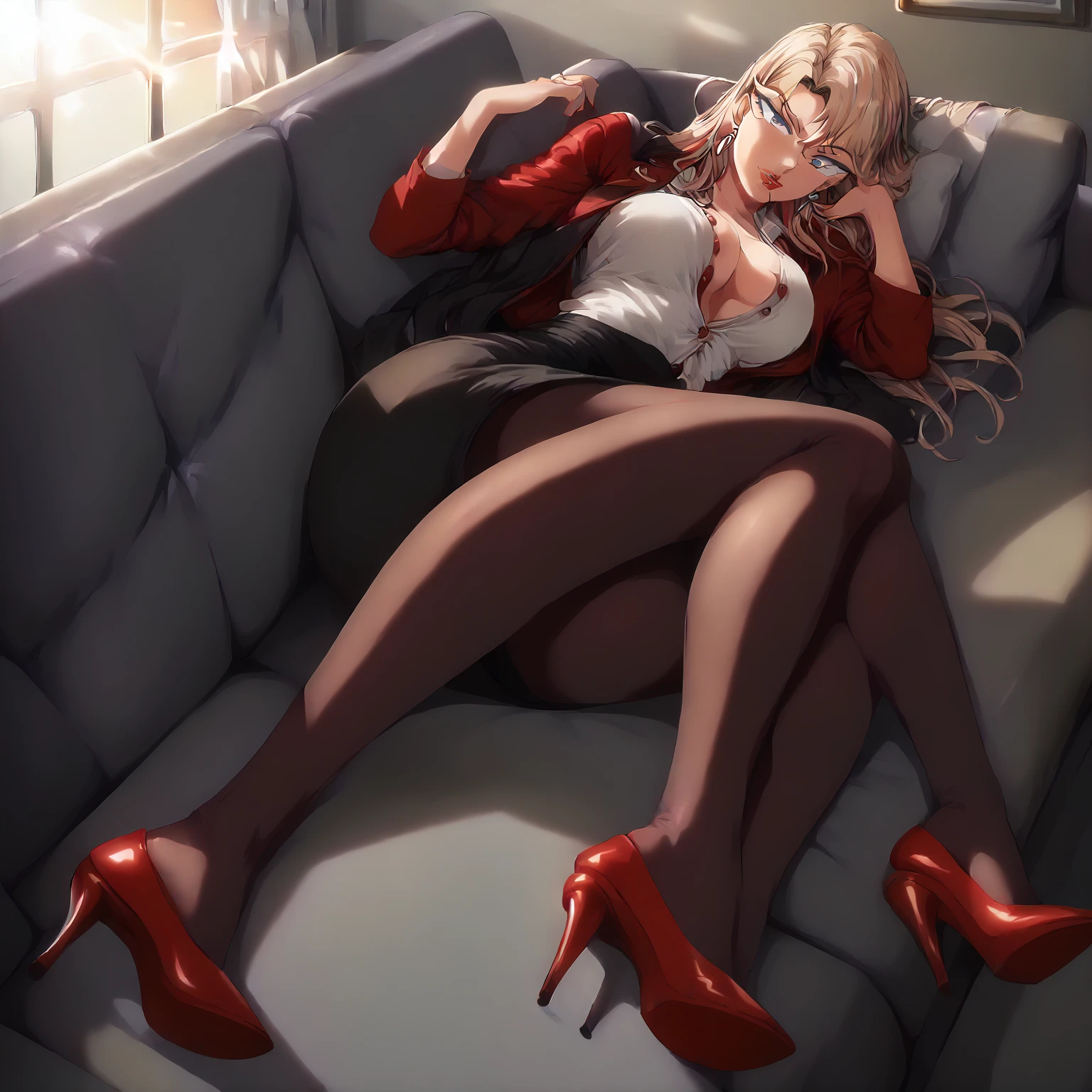 (solo), Reika Kurashiki, 1girl, blonde hair, long hair, blue eyes, earrings, large breasts, indoors, full body, looking at viewer, ((wearing red colored pencil skirt, wearing black pantyhose, wearing red colored buttoned up office jacket with white undershirt, wearing red high heels)), laying in office couch, in personal office, sunset lighting, mouth slightly open,