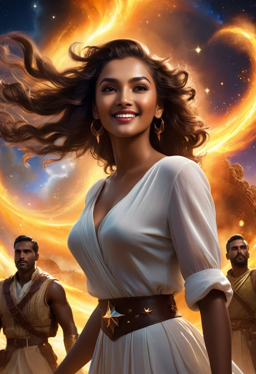 In a heavenly dream landscape, ultra-realistic. luxuriously dressed people, different faces, they are all dark skinned, (((in the 40s))) (((two brown-skinned Caucasian men and a brown-skinned Latina:1.7 woman))), (((two brown skin caucasian long brown hair:1.3))), (((a latina brown skin hair1.5 Woman))) trying to kill him with powers, dangerous scene, war, battle, luminous stars, chaos, fire, destructions, 8k, extremely detailed, high quality, (photorealistic:1.37), whole body, vibrant colors, perfect lighting, moving expressions, celestial aura, majestic presence, dream atmosphere, 8k art photography, photorealistic concept art, soft natural volumetric cinematic perfect. same face, A beautiful smile, brighter background.