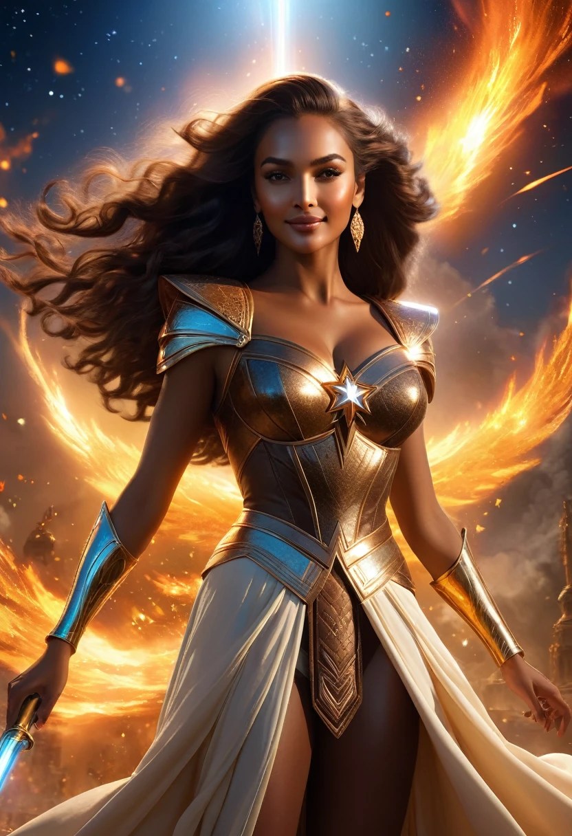 In a heavenly dream landscape, ultra-realistic. luxuriously dressed people, different faces, they are all dark skinned, (((in the 40s))) (((two brown-skinned Caucasian men and a brown-skinned Latina:1.7 woman))), (((two brown skin caucasian long brown hair:1.3))), (((a latina brown skin hair1.5 Woman))) trying to kill him with powers, dangerous scene, war, battle, luminous stars, chaos, fire, destructions, 8k, extremely detailed, high quality, (photorealistic:1.37), whole body, vibrant colors, perfect lighting, moving expressions, celestial aura, majestic presence, dream atmosphere, 8k art photography, photorealistic concept art, soft natural volumetric cinematic perfect. same face, A beautiful smile, brighter background.
