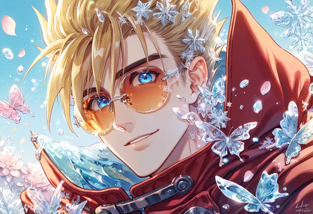 Ultra detailed, HDR, Highres, absurdres, master piece, Vash Stampede, blonde spiked hair, expressive blue eyes, amber round sunglasses, red trench coat, Trigun, handsome, ice glittering butterflies, ice, petals, ice pink glass flowers, glittering, fantasy, magical, snowflakes, cold, handsome smile, solo,