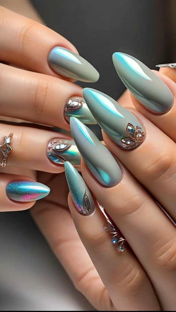colorful and detailed nails, complex nail art, various nail designs, shiny metallic nails, neon glitter nails, holographic nail polish, 3d nail decorations, nails embellished with precious stones, abstract nail art patterns, vibrant ombre nails, (best quality, 4k, 8k, high resolution, masterpiece:1.2), ultra-detailed, (realistic, photorealistic, photo-realistic:1.37), macro photography, studio lighting, professional nail salon