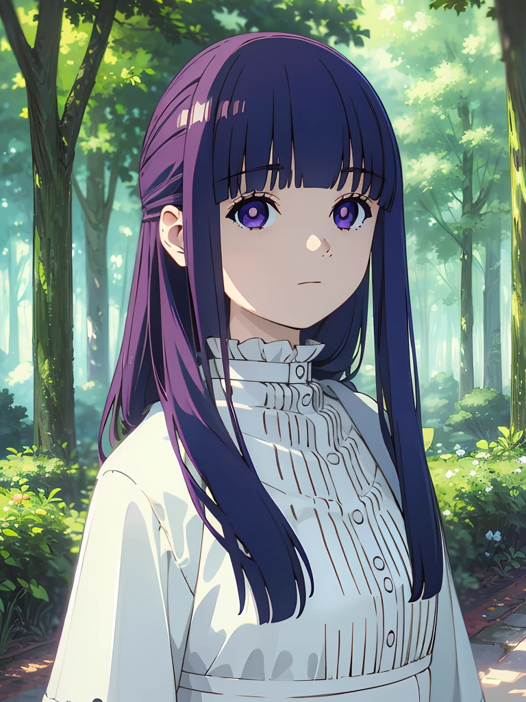 best quality, masterpiece, highres, solo, (fern_sousounofrieren:1.10), 1girl, closed mouth, forest, outdoors, tree, expressionless, looking at viewer, frilled collar, dress, upper body, portrait, anime_style, 6