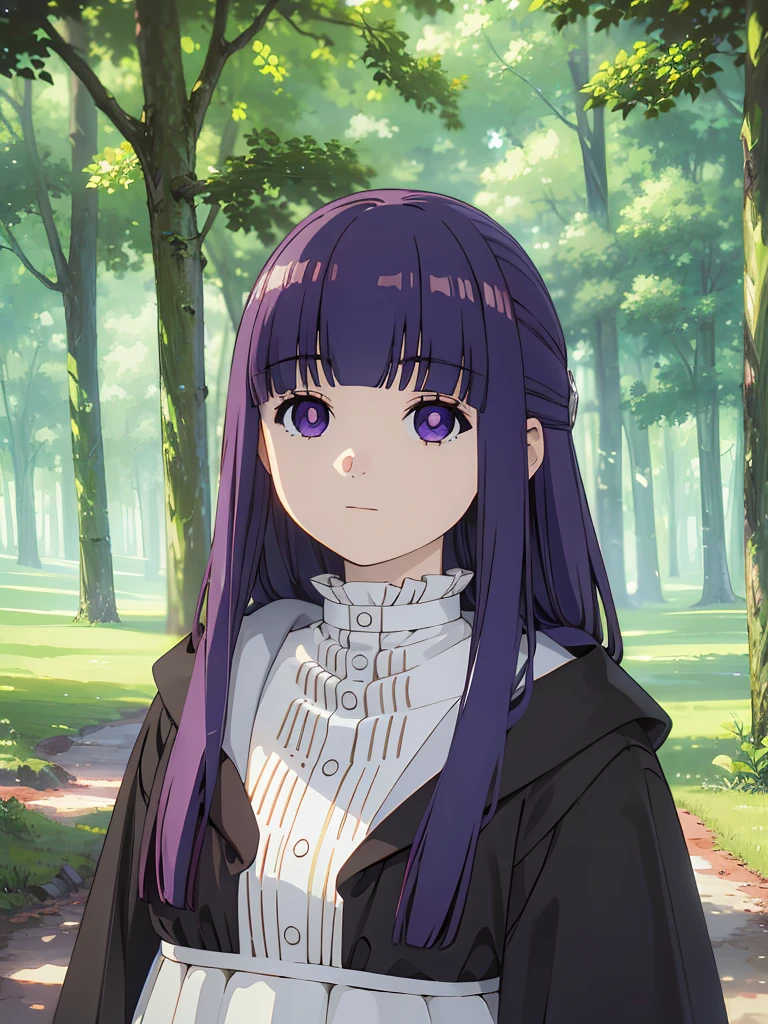 best quality, masterpiece, highres, solo, (fern_sousounofrieren:1.10), 1girl, closed mouth, forest, outdoors, tree, expressionless, looking at viewer, frilled collar, dress, upper body, portrait, anime_style, 6