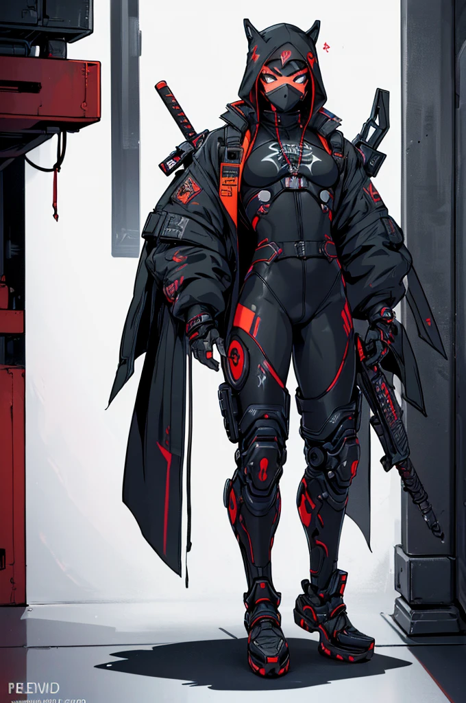 (masterpiece, best quality, high resolution, 1 black cybernetic ninja cyberpunk style, ninja mask that covers the entire face cyberpunk style, black katana right hand(white background, stickers. Redmond), ((full body standing)),