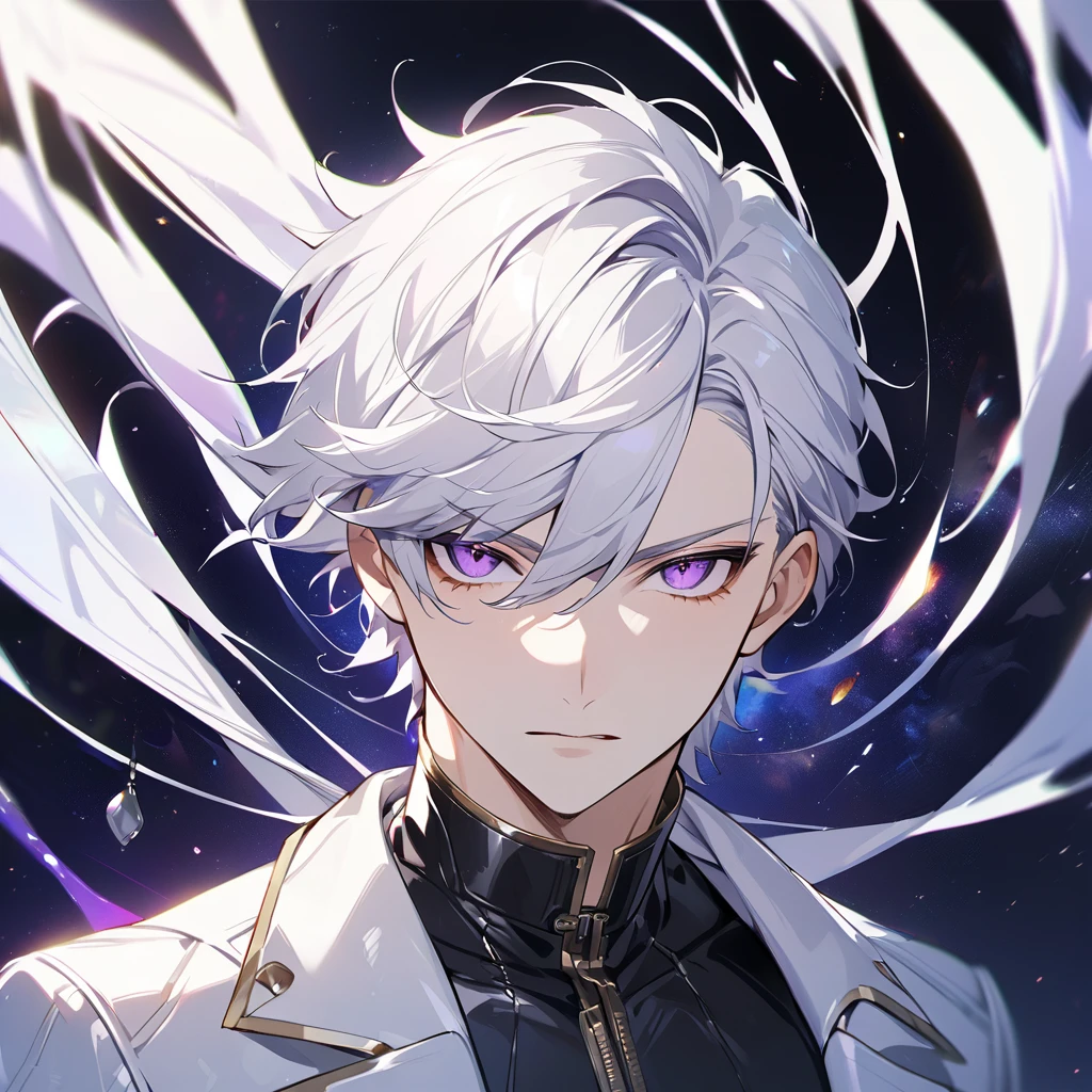 High quality, HD, 4k, no shadows, handsome male, 1male, 17 years old, teenager, golden lining, short white hair, sharp eyes, dark purple eyes, deep purple eyes, devil may cry, close up, calm expression, stoic expression, black leather clothes, white leather clothing, lean body, well trained body, upper body, looking at viewer, cowboy shot, white solar, space background