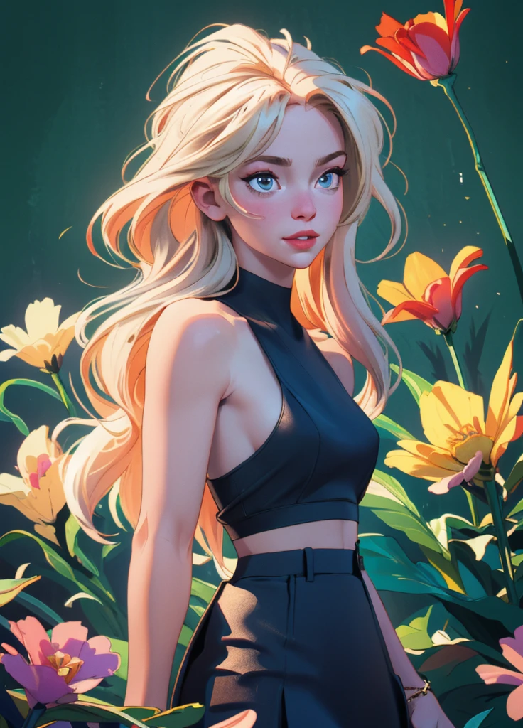 0l1d7,  blonde hair,, (32K resolution, masterpiece, ultra high quality, best quality, ultra high definition, perfect anatomy, Incredibly detailed, RAW, ultra super realistic, photorealistic, cinematic lighting, exquisitely detailed, extremely intricate, 8k UHD, high resolution), (1girl), cropped  off-shoulder tank top,  skirt, elegant hair, standing in the middle of a flower field,  seductive smile, dynamic vivid colors