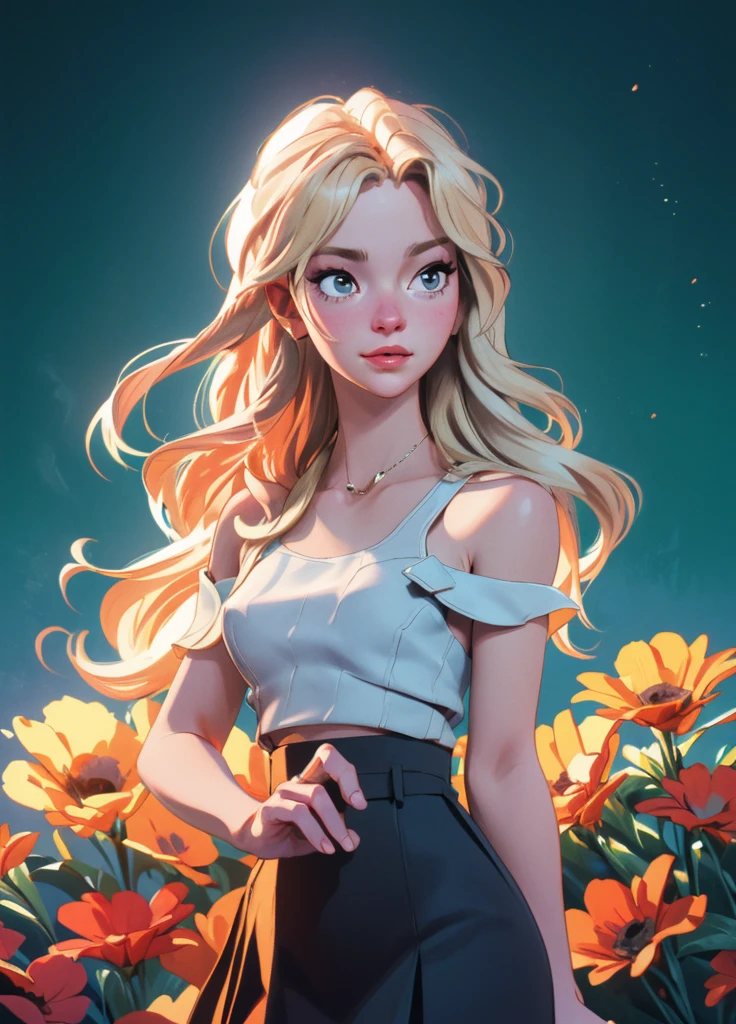 0l1d7, blonde hair,, (32K resolution, masterpiece, ultra high quality, best quality, ultra high definition, perfect anatomy, Incredibly detailed, RAW, ultra super realistic, photorealistic, cinematic lighting, exquisitely detailed, extremely intricate, 8k UHD, high resolution), (1girl), cropped off-shoulder tank top, skirt, elegant hair, standing in the middle of a flower field, seductive smile, dynamic vivid colors