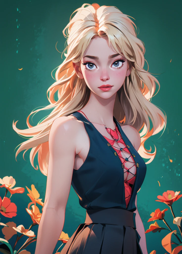 0l1d7,  blonde hair,, (32K resolution, masterpiece, ultra high quality, best quality, ultra high definition, perfect anatomy, Incredibly detailed, RAW, ultra super realistic, photorealistic, cinematic lighting, exquisitely detailed, extremely intricate, 8k UHD, high resolution), (1girl), cropped  off-shoulder tank top,  skirt, elegant hair, standing in the middle of a flower field,  seductive smile, dynamic vivid colors