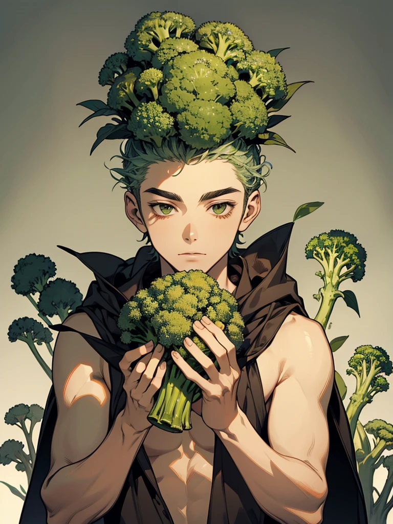 Beautiful young man holding broccoli,Handsome,Broccoli growing from head,Upper body naked,broccoli forest,gravure,,The background is a lot of broccoli,