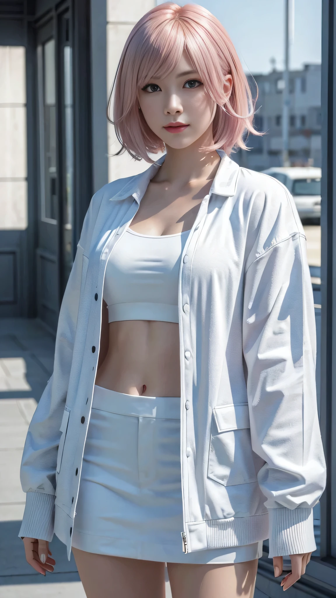 A woman with pink hair and a white jacket,White miniskirt anime realism style, Unreal 5. RPG Portrait, cgsociety portrait, Realistic art style, Smooth anime CG art, Photorealistic Anime Girl Rendering, Realistic anime 3D style, Loss Draw 1. 0, Realistic 3D animation, ArtJam ; 3d unreal engine, Realistic anime art style,The background is the city,