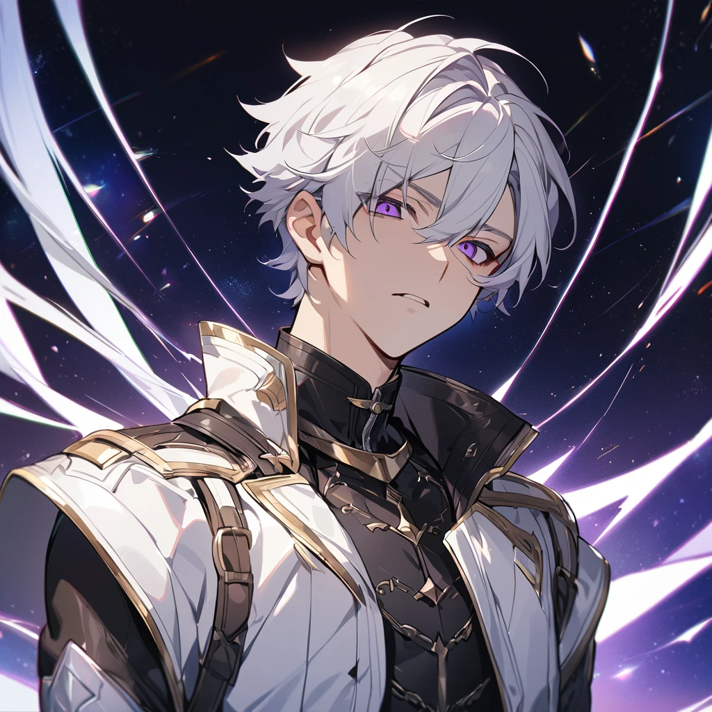 High quality, HD, 4k, no shadows, handsome male, 1male, 17 years old, teenager, golden lining, short white hair, sharp eyes, dark purple eyes, deep purple eyes, devil may cry, close up, calm expression, stoic expression, black leather clothes, white leather clothing, lean body, well trained body, upper body, looking at viewer, cowboy shot, white solar, space background