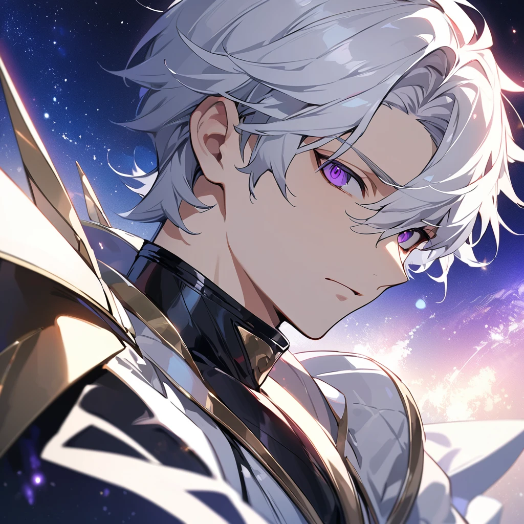 High quality, HD, 4k, no shadows, handsome male, 1male, 17 years old, teenager, golden lining, short white hair, sharp eyes, dark purple eyes, deep purple eyes, devil may cry, close up, calm expression, stoic expression, black leather clothes, white leather clothing, lean body, well trained body, upper body, looking at viewer, cowboy shot, white solar, space background