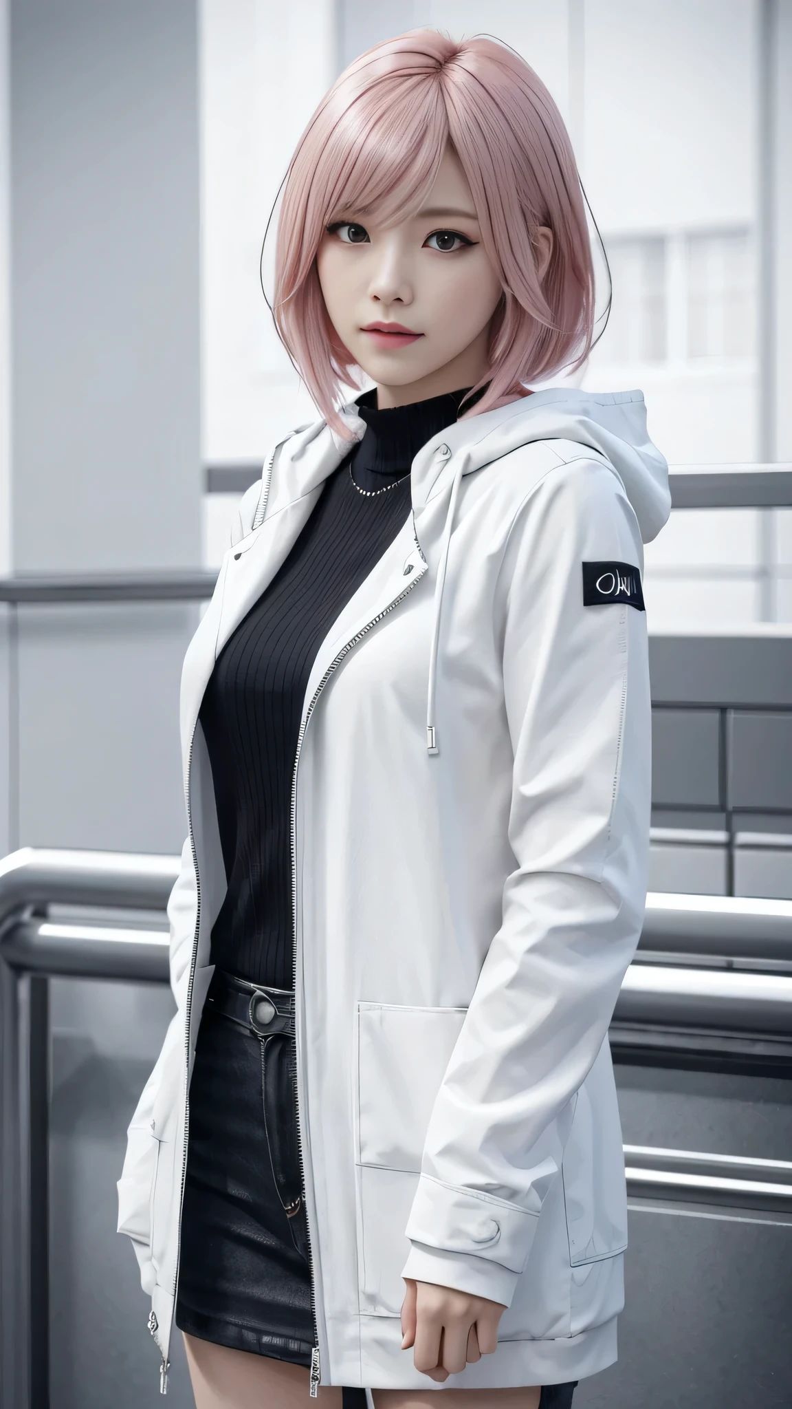 A woman with pink hair and a white jacket,White miniskirt anime realism style, Unreal 5. RPG Portrait, cgsociety portrait, Realistic art style, Smooth anime CG art, Photorealistic Anime Girl Rendering, Realistic anime 3D style, Loss Draw 1. 0, Realistic 3D animation, ArtJam ; 3d unreal engine, Realistic anime art style,The background is the city,