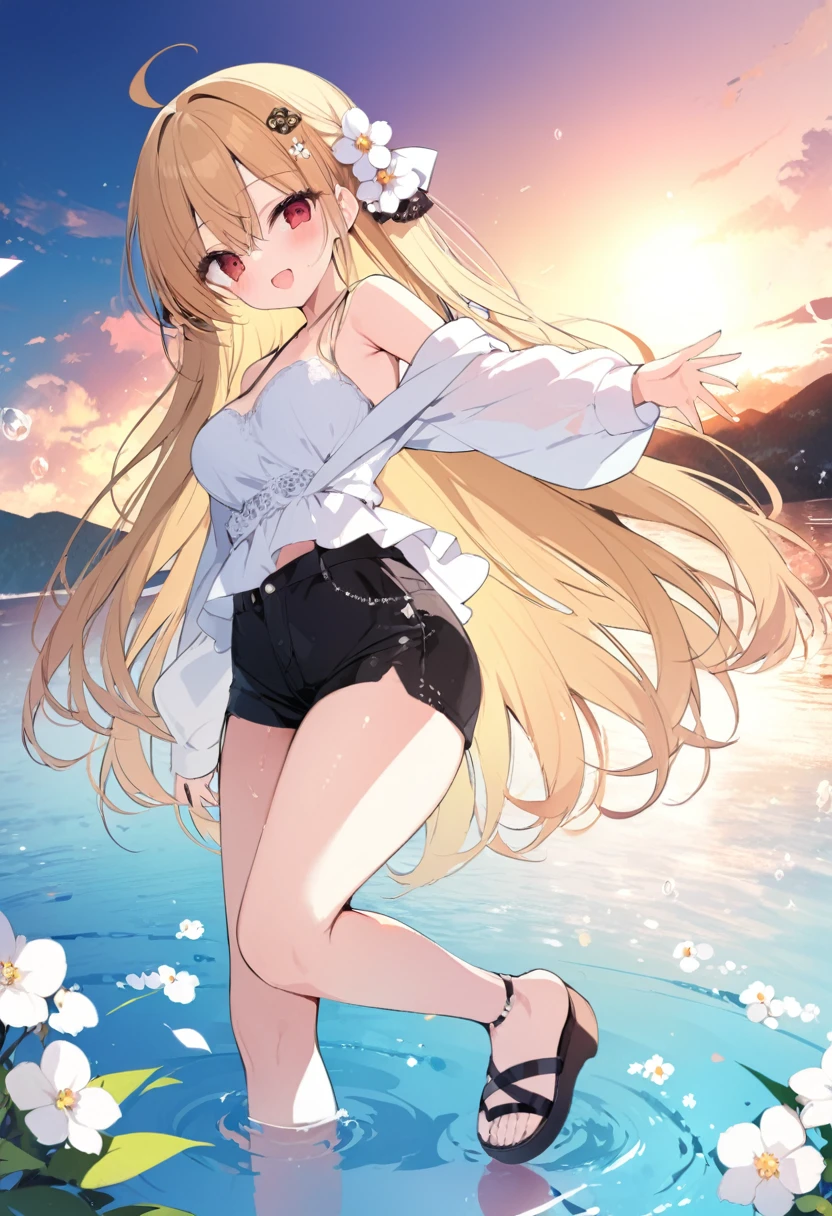 score_9, score_8_up, score_7_up, 1girl, (by azumi kazuki:1.1), by ciloranko:1.1, (by omone_hokoma_agm:1.1), best aesthetic, best quality, ultra detailed, intricate details, new, newest, glossy hair, moist skin, 18 years old, adult woman, medium breasts, blurry background, depth perception, solo, subject focus:1.1, depth perception, empty eyes, red eyes, solo, outdoors, long hair, shorts, water, ahoge, looking at viewer, long sleeves, sunset, standing, bare shoulders, hair ornament, black shorts, sandals, smile, wading, open mouth, sky, standing on one leg, shirt, flower, sun, hair between eyes, short shorts, blonde hair, very long hair, :d, dress, white flower, outstretched arm, cloud, off shoulder, black footwear
