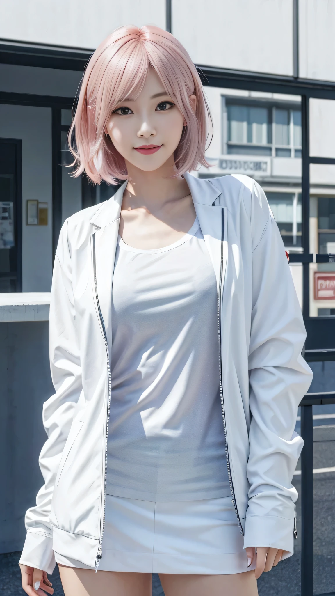 A woman with pink hair and a white jacket,White miniskirt anime realism style, Unreal 5. RPG Portrait, cgsociety portrait, Realistic art style, Smooth anime CG art, Photorealistic Anime Girl Rendering, Realistic anime 3D style, Loss Draw 1. 0, Realistic 3D animation, ArtJam ; 3d unreal engine, Realistic anime art style，The background is the city，smile