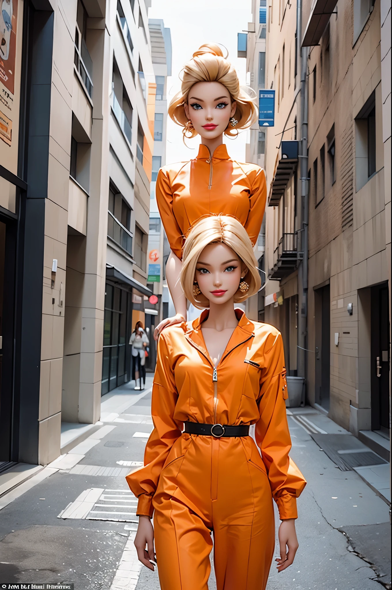 striking, A thought-provoking image (Barbie:1.2), Iconic Doll, Wearing an orange jumpsuit, Standing in the courtyard of the women's prison. Prison walls surrounded by barbed wire and watchtowers, Casting shadows in the yard. Barbie, With iconic blonde hair and blue eyes, Appear determined and resilient in new situations. The background shows a vast, Magnificent prison building, Highlighting the harsh realities of incarceration.