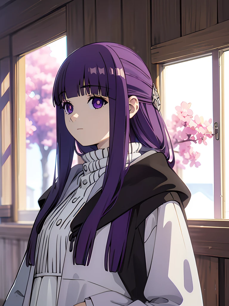 best quality, masterpiece, highres, solo, (fern_sousounofrieren:1.10), 1girl, closed mouth, purple scarf, coat, upper body, expressionless, looking at viewer, purple pupils, blue scarf, indoors, anime_style, 10 