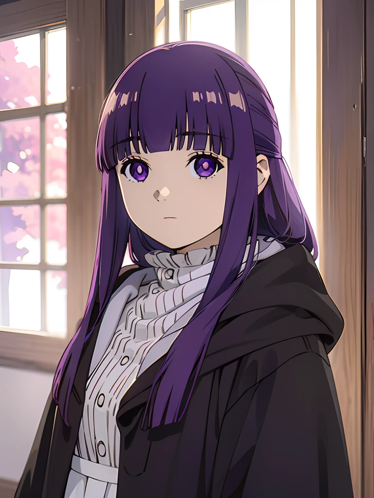 best quality, masterpiece, highres, solo, (fern_sousounofrieren:1.10), 1girl, closed mouth, purple scarf, coat, upper body, expressionless, looking at viewer, purple pupils, blue scarf, indoors, anime_style, 10 