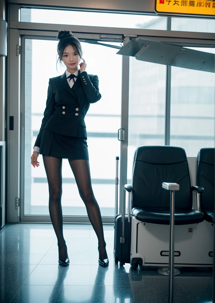 Diffuse lighting、 Highest quality, High resolution, unity 8k wallpaper、Supersaturation, Japanese、1 female、23age、(masterpiece), Highest quality, Highest quality, Detailed and complex, whole body, High resolution, (16age),Very detailed_eye, Sexy Breasts, (eyeliner:0.5),(blush:0.5), Detailed skin, Displaying the viewer, A light smile, Cabin attendant、Airport reception、Bun Head、Airplane on background、 ((Flight attendant uniform)), (Black Pantyhose:1.1), Black high heels, Black short skirt uniform, international airport,I work at the airport、 Perfect Anatomy, (Depth of written boundary:1.1),change:0.1,Realistic:1.3, (Zhou Haoguang:1),(Structure of the film:1.3), (Highest quality, High resolution, Realistic, original, 8k,masterpiece, ),Highest quality, masterpiece8k.High resolution. High Rib:1.2, Film Grain, Blurred Bokeh:1.2, Lens flare, (Bright colors:1.2), (delicate),