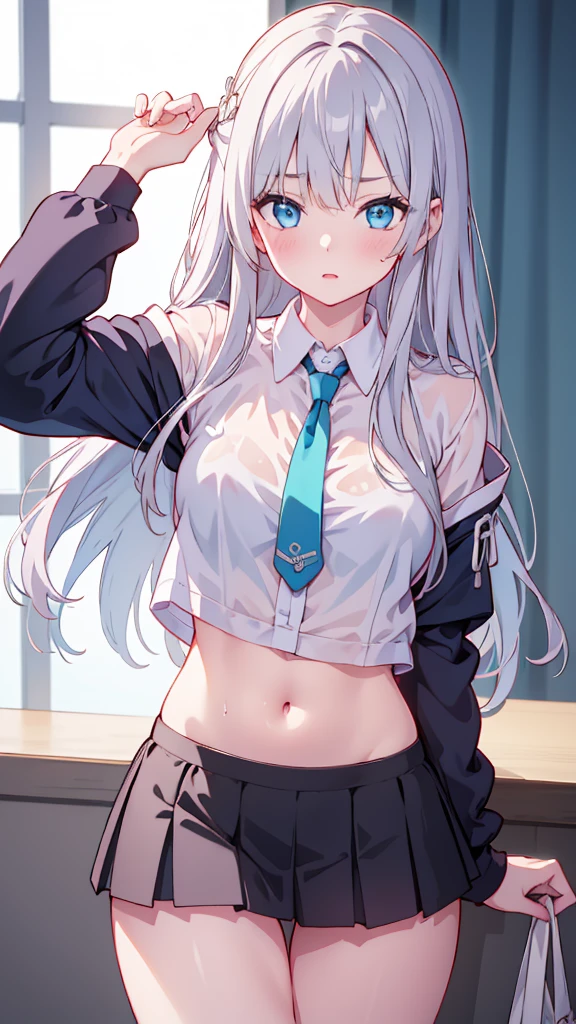gesture:Handjob、Wet、(Y-shirt shows through and underwear can be seen:1.4)、skirt、(Unbroken body),(Perfect body structure),(arms two),(legs two),highest quality, 4K, (High resolution:1.3) masterpiece, 1.2, Super detailed, HDR, Studio Lighting, Sharp Focus, Bright colors, Portrait, Warm tones, Soft Lighting,Silver Hair、Blue eyes、
