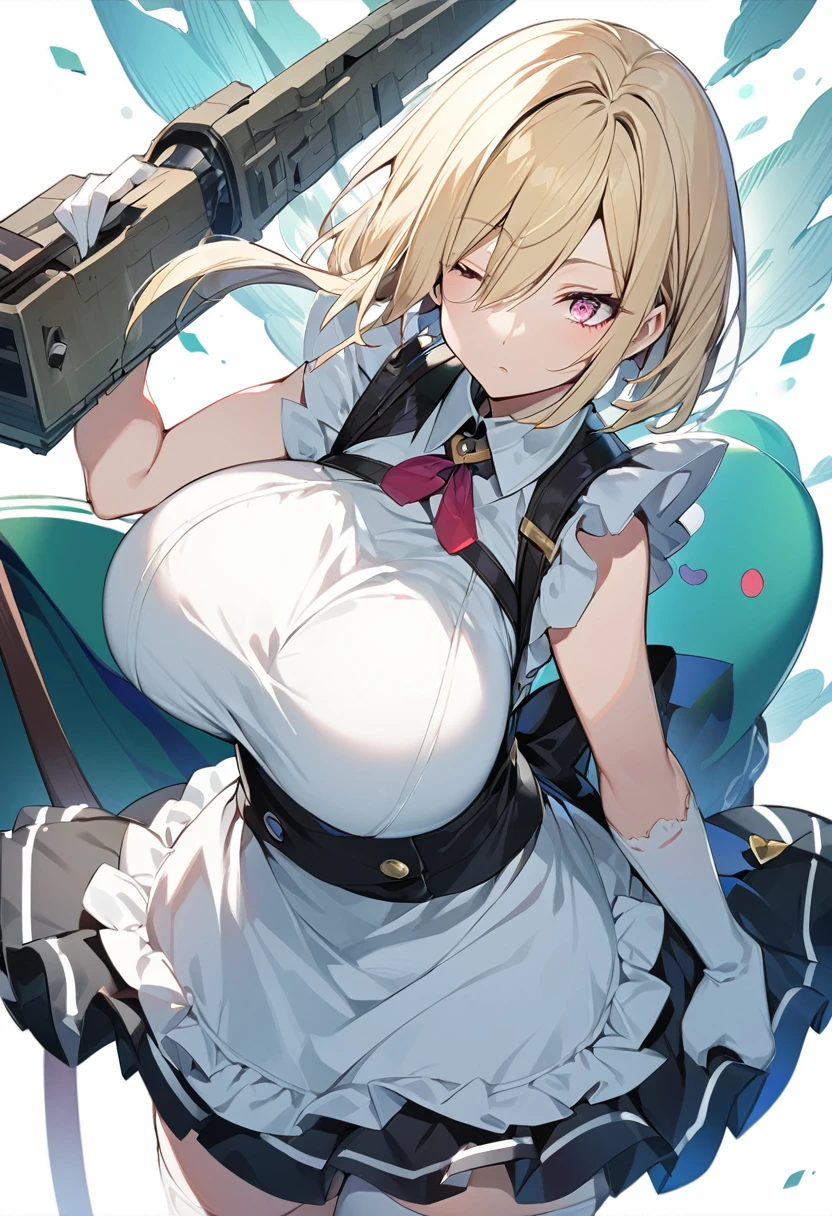 (One girl)、(bob cut)、(sidelock)、((Blonde))、（Sato Air）、(slan eyes)、（boyish）、cute、(Big super breasts)、Chubby、Maid、No sleeve、mini skirt、White sleeveless、thigh-high socks thighhighs、(long gloves)、hairs between eyes、(coarse hair)、[flipped hair]、pink eye、expressionless、one eye closed、arm behind back、White Background、