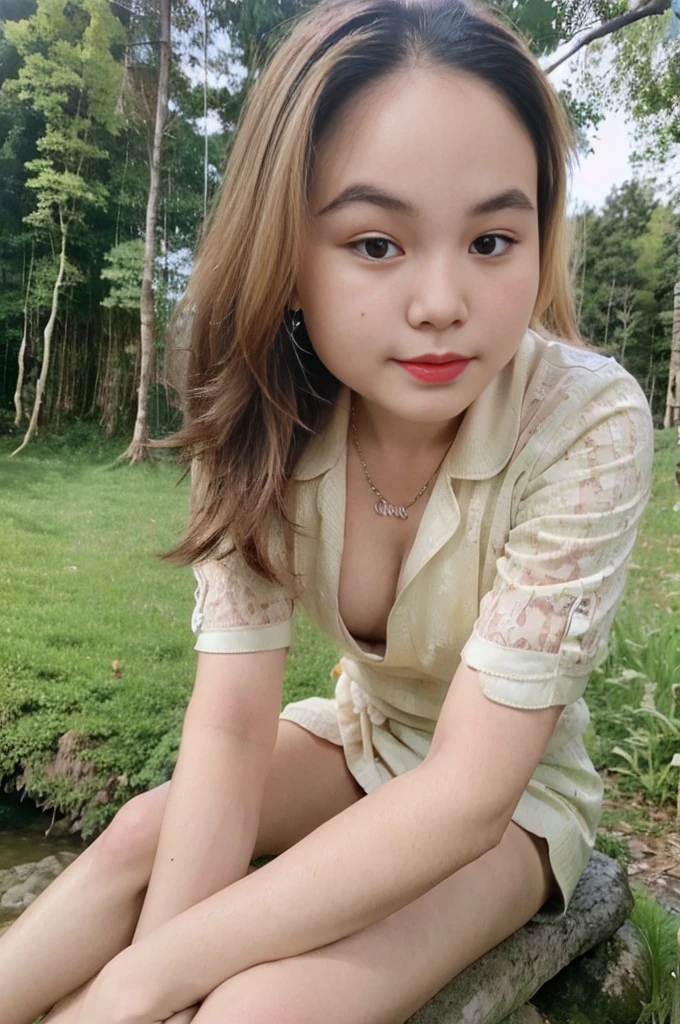 cute girl, brown hair, (full body), wearing medieval long cotton nightie clothes, sitting on a rock, feet in the water, Drenched hair, The background is a forest, sunset, (masterpiece, best quality, award winning, highres), skinny, intricate and beautiful design, highly detailed beautiful face, super detailed beautiful eyes, light smile, sitting near stream, forest, leaves flow, windy, sun lights through forest, fantasy art, dynamic lighting, cinematic lighting, hyper realistic, extremely CG detail, octane render, (artistic + masterpiece:1.4), (incredibly detailed eyes), (8k, Photorealistic, Photo RAW, Best quality: 1.4), (UHD), (Ultra high realism), (Ultra high definition), (Ultra high detail), (Realistic face), Beautiful hairstyle, Realistic bright amber eyes, Beautiful details, (Realistic skin), Pale, smooth and luminous skin with iridescent shine and no imperfections, Ultra high definition, Ultra realistic, Highly detailed, (Cleavage: 0.8)