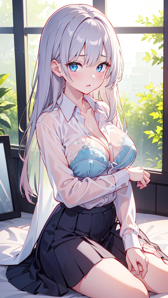 gesture:Handjob、Wet、(Her dress shirt is see-through and her bra is visible:1.4)、skirt、(Unbroken body),(Perfect body structure),(arms two),(legs two),highest quality, 4K, (High resolution:1.3) masterpiece, 1.2, Super detailed, HDR, Studio Lighting, Sharp Focus, Bright colors, Portrait, Warm tones, Soft Lighting,Silver Hair、Blue eyes、