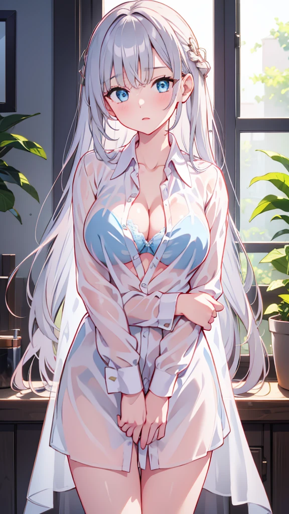 gesture:Handjob、Wet、(Her dress shirt is see-through and her bra is visible:1.4)、skirt、(Unbroken body),(Perfect body structure),(arms two),(legs two),highest quality, 4K, (High resolution:1.3) masterpiece, 1.2, Super detailed, HDR, Studio Lighting, Sharp Focus, Bright colors, Portrait, Warm tones, Soft Lighting,Silver Hair、Blue eyes、