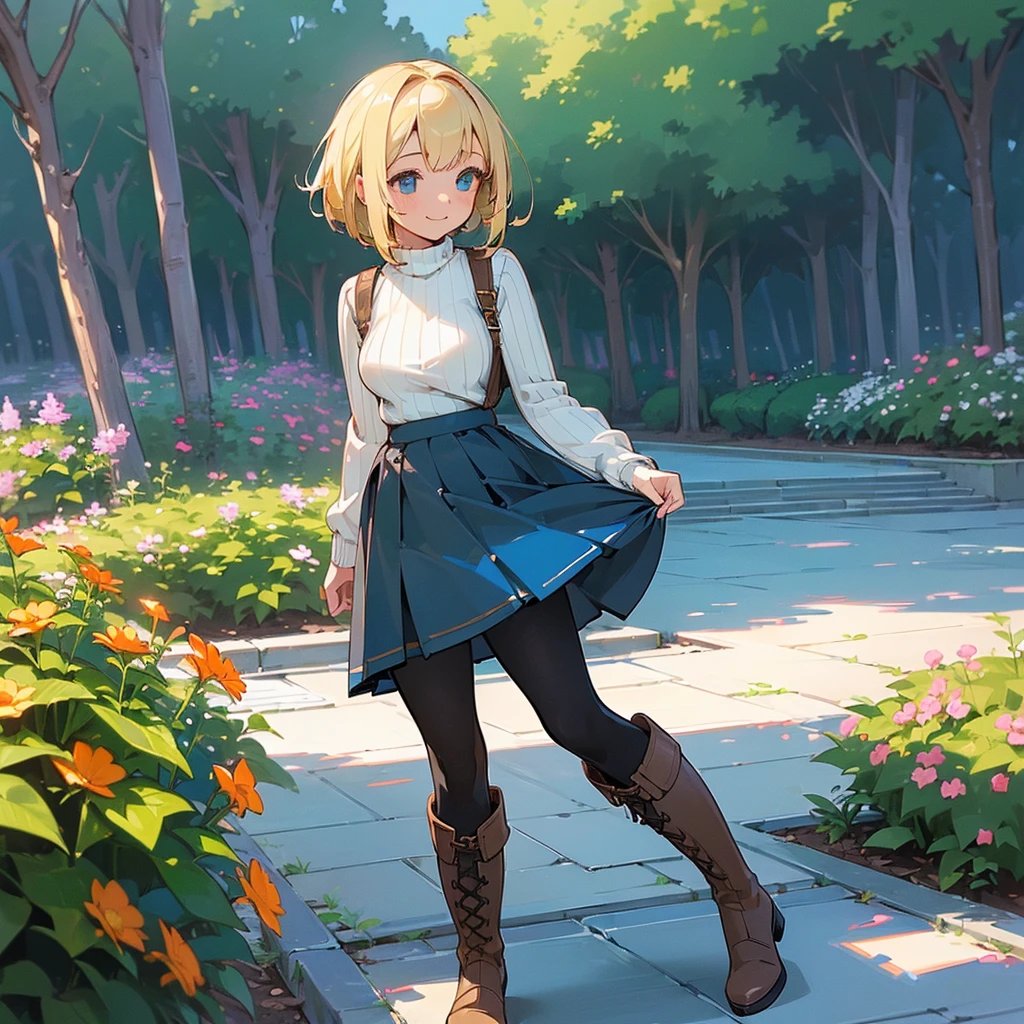 (high quality, High resolution, Very detailed, reality:1.37), Peaceful atmosphere, (Outdoor, garden),  girl standing alone, (my breasts are big.), Beautiful details, Cute Smile, (Blonde Bob Hair), Ribbed sweater, Blue Skirt, Black tights, Brown boots.