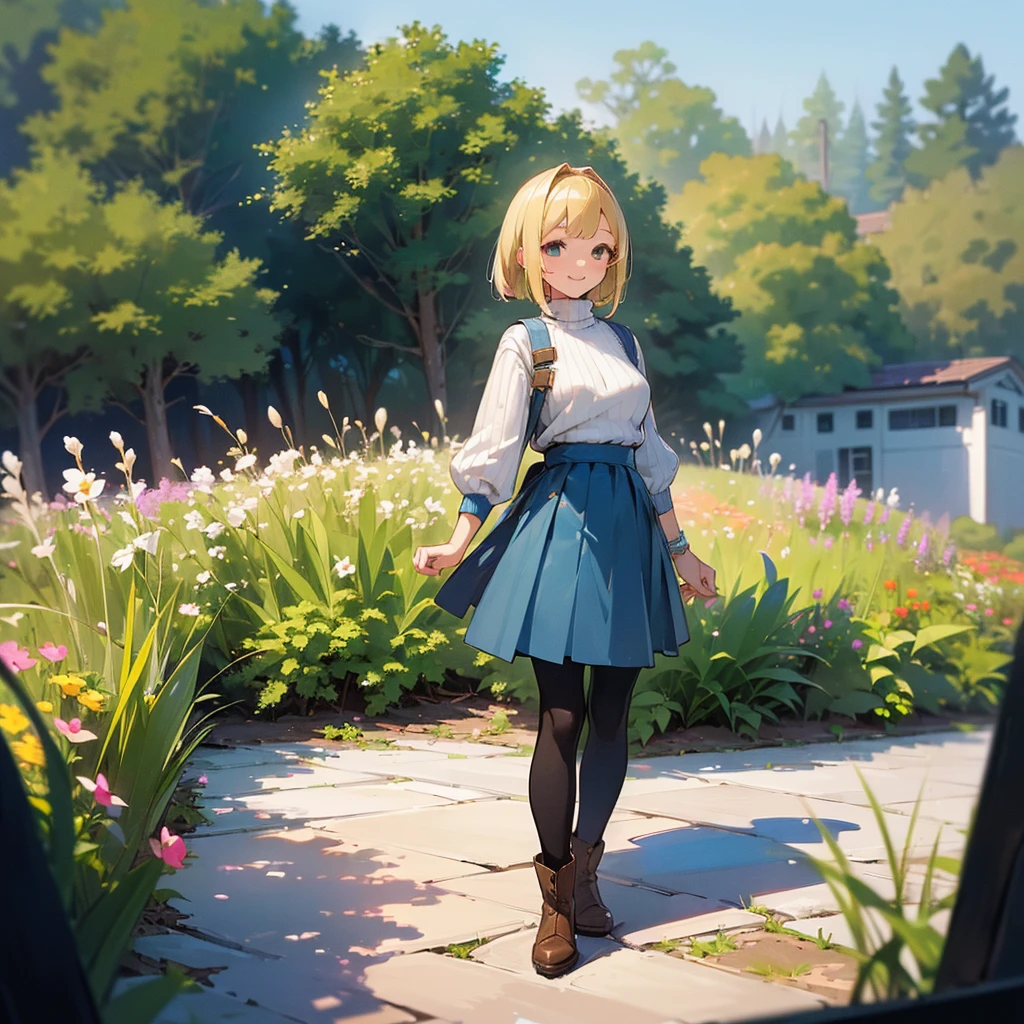 (high quality, High resolution, Very detailed, reality:1.37), Peaceful atmosphere, (Outdoor, garden),  girl standing alone, (my breasts are big.), Beautiful details, Cute Smile, (Blonde Bob Hair), Ribbed sweater, Blue Skirt, Black tights, Brown boots.