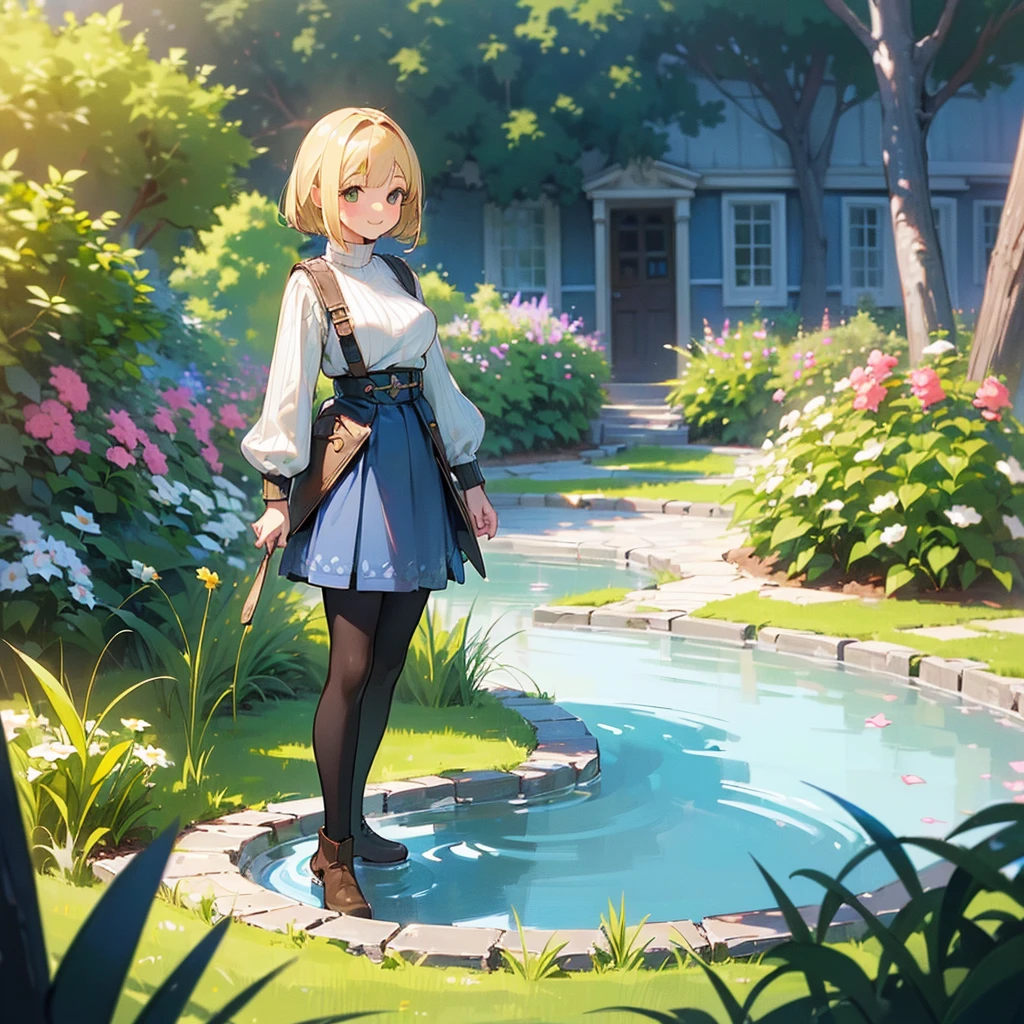 (high quality, High resolution, Very detailed, reality:1.37), Peaceful atmosphere, (Outdoor, garden), Teenage girl standing alone, (my breasts are big.), Beautiful details, Cute Smile, (Blonde Bob Hair), Ribbed sweater, Blue Skirt, Black tights, Brown boots.