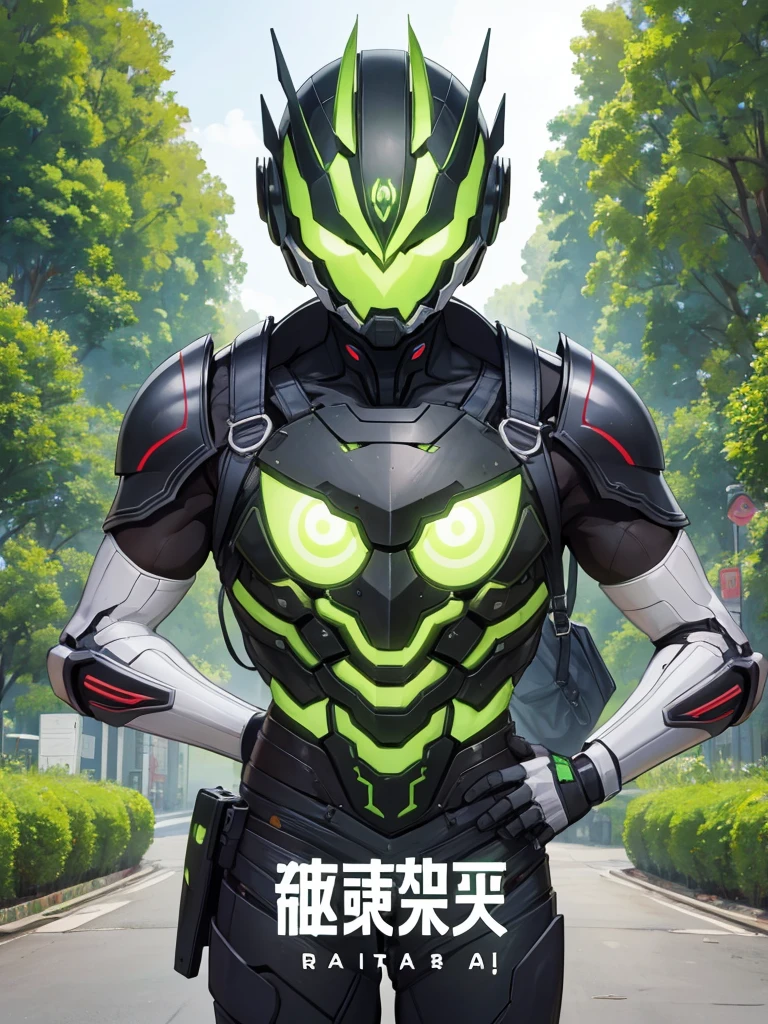 全身緑色のアーマーに包まれたcyborg,Skin color is green,Broccoli growing from head,Face is green in color,cyborg,ー,(Image of 1 person),Male images),Kamen Rider,The background is broccoli,a large amount of broccoli,,Broccoli-shaped helmet,