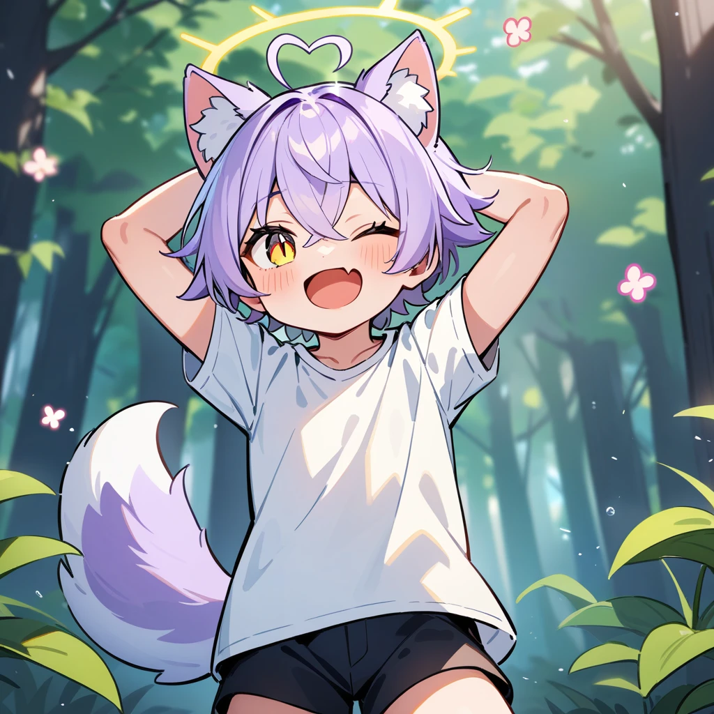 (masterpiece:1.2,high quality),4K,High resolution,A seven-year-old boy,cute boy, light purple hair,short hair,crossed bangs,light yellow eyes,slit pupils,one eye closed,heart ahoge,yellow halo,cat ears,laughing,skin fang,Wearing a white shirt,Black shorts,Stand in the forest,There are flowering trees on both sides.,primary school student,thigh,alone,dog tail,Put your hands behind your head,(Put your hands behind your head)
