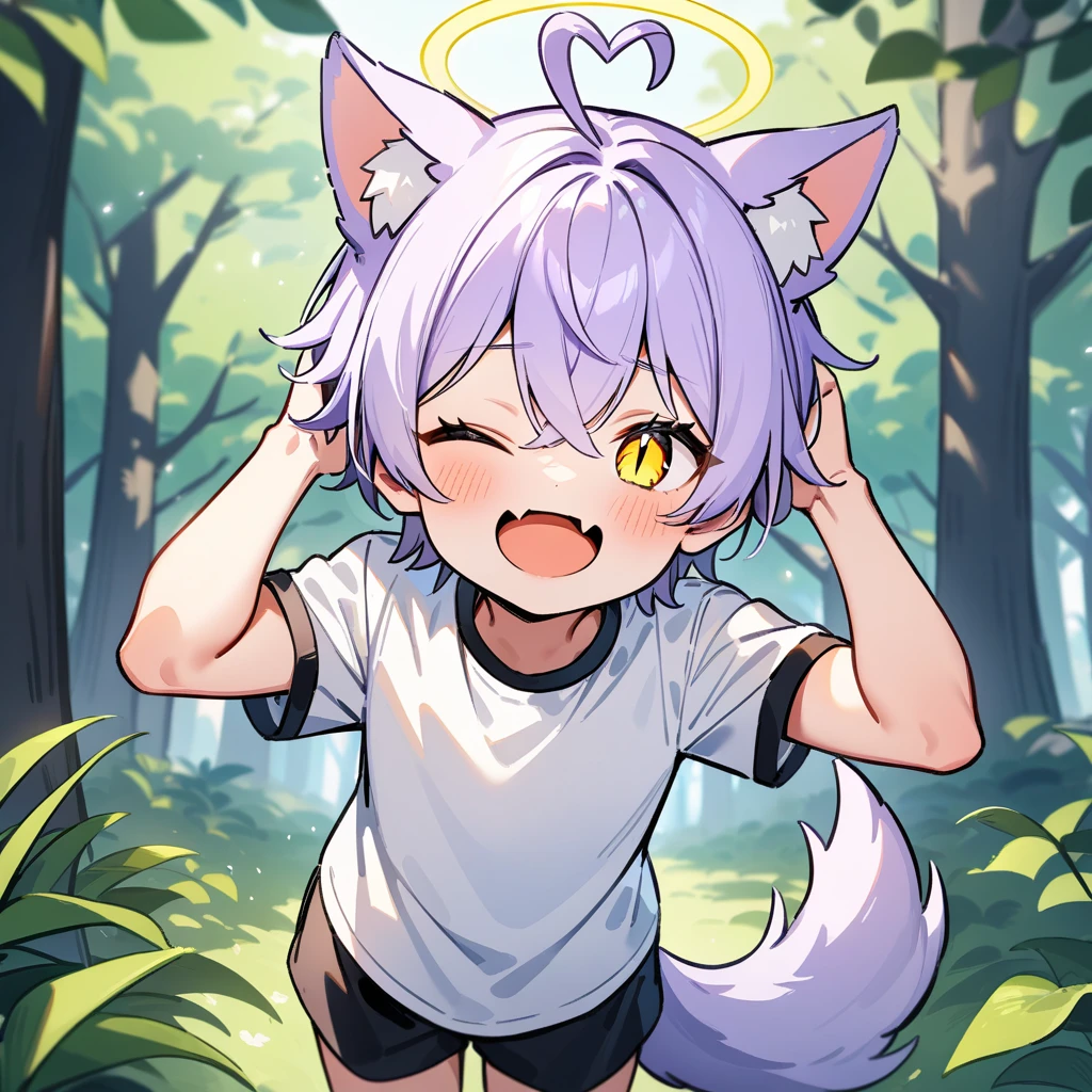 （masterpiece：1.2，high quality），4K，High resolution，A seven-year-old boy，cute boy， light purple hair，short hair，crossed bangs，light yellow eyes，slit pupils，one eye closed，heart ahoge，yellow halo，cat ears，laughing，skin fang，Wearing a white shirt，Black shorts，Stand in the forest，There are flowering trees on both sides.，primary school student，thigh，alone，dog tail，Put your hands behind your head，（Put your hands behind your head）