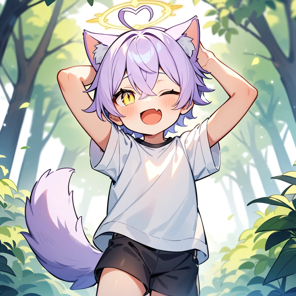 （masterpiece：1.2，high quality），4K，High resolution，A seven-year-old boy，cute boy， light purple hair，short hair，crossed bangs，light yellow eyes，slit pupils，one eye closed，heart ahoge，yellow halo，cat ears，laughing，skin fang，Wearing a white shirt，Black shorts，Stand in the forest，There are flowering trees on both sides.，primary school student，thigh，alone，dog tail，Put your hands behind your head，（Put your hands behind your head）