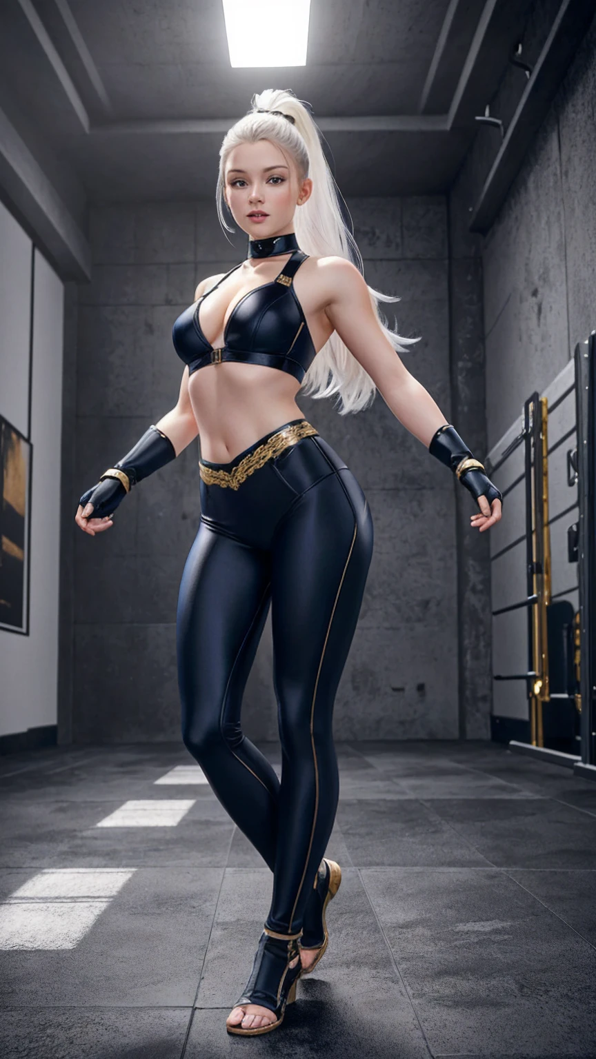 (((full body photo))), ((full body photo, standing, feet on the floor)) flats for women, (masterpiece, 4k resolution, ultra-realistic, very detailed) beautiful sexy superheroine , has LAVA powers, white hair with a ponytail, belly back with gold contours, has black gloves with fur on the wrist, model pose on the catwalk, facing the camera, wears tight black pants, with a blue belt, Full body blue lines in realism style, glowing skin, natural lighting, defined full lips. fitness female body, in realism style, glowing skin, natural lighting, defined full lips. Feminine body,
