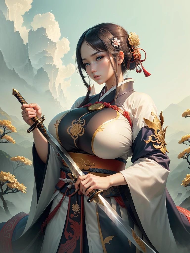 arafed image of a woman in a kimono with a sword, inspired by Li Mei-shu, she is holding a katana sword, inspired by Cao Zhibai, inspired by Ju Lian, inspired by Guan Daosheng, inspired by Wu Zuoren, inspired by Zhao Yuan, inspired by Zhao Mengfu, beautiful character painting, Highly detailed CG unit 8k wallpaper, masterpiece, High resolution, highest quality, highest quality real texture skin, Super Real, Digital Painting, Best image quality, 最High resolution, 8k, ((Highly detailed eyes and face, Beautiful eyes every detail)), Big Breasts, Cleavage, profile, dark persona, (((Saggy breasts, Gravity-dependent breasts, long chest, Heavy chest, ))), ((disproportionate breasts, huge breasts, sagging breasts, gigantic breasts, erect nipple,)),