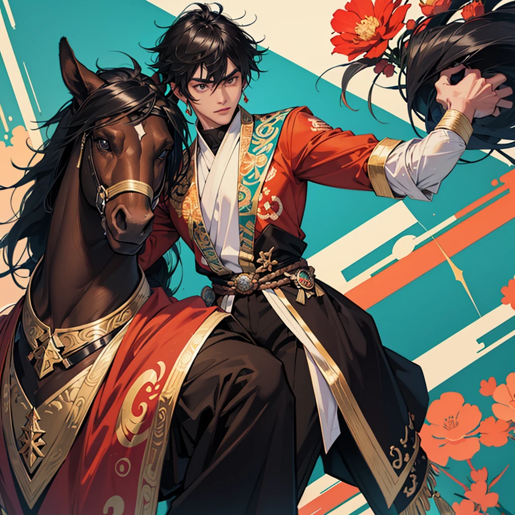 Create a muscular swordsman boy, attractive, black hair with somewhat dark skin, a race horse outfit with bright and colorful colors inspired by pre-Hispanic clothing and circular lenses. All in a style as if it were a genshin impact character. Black horse in the background